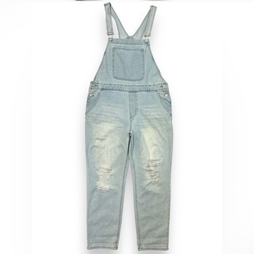 PACSUN Light Wash Distressed Relaxed Fit Overall Suspenders